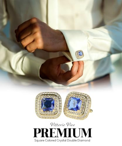 Square Colored Crystal Double Diamond Set Cufflinks - color: Royal/Gold