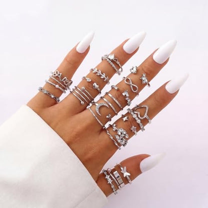 42-Piece Gold Tone Stackable Ring Set for Women, Boho Minimalist Stacking Rings with Crystal & Heart Accents, Adjustable Open Band Jewelry for Daily Wear - style: TZY-003352-01
