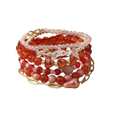 7PCS Boho Bohemia Multilayer Beaded Bracelet Set Stackable Crystal Bead Bracelets Heart Pearl Charms Multicolor Bohemian Stretch Bracelets for Women Summer Beach Jewelry Gifts - color: Red
