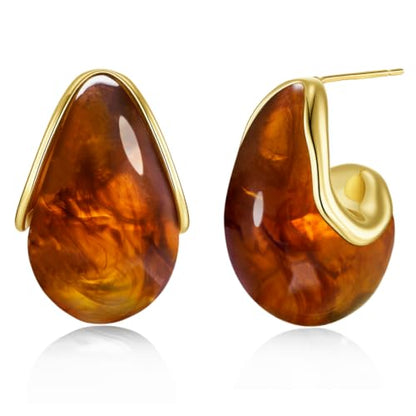 SNGIA Oval C Shape Chunky Dangle 18K Gold Plated Hoops with Colored Resin Gemstone Statement Earrings for Women by SNGIA, (Green, Brown, Blue, Pink, White, Cream), Long Bold Drop Handmade Exaggerated Irregular Trendy Bohemian Jewelry Gifts, Unique Danglin