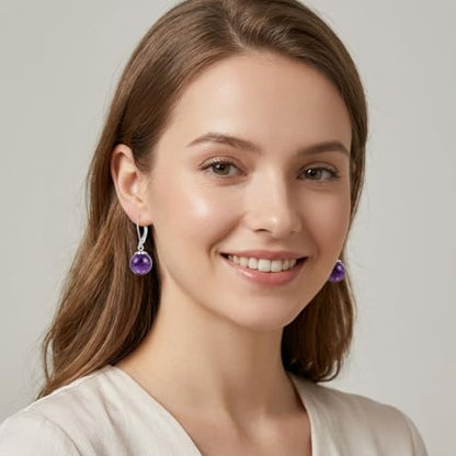 Pearl Leverback Earrings for Women Dangle Round Gemstone Earrings Birthstone Jewelry Gift Anniversary for Her - color: 23 Amethyst