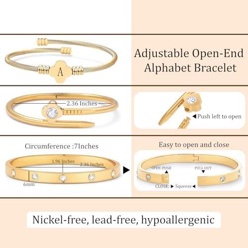 14K Gold Plated Personalized Flower Bracelet Set with Initial Charm Trendy Stackable Jewelry for Women - style: style1 B