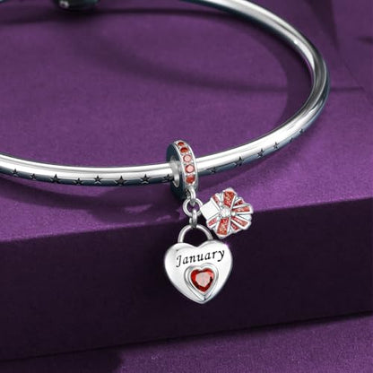 925 Sterling Silver Birthstone Bracelet Charm - Unique Heart Shaped Design, Fits most Europe Pandora Bracelets and Necklaces, women's DIY holiday Gifts - style: A-January