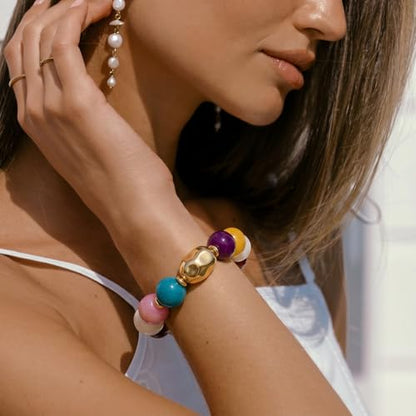 Multicolor Chunky Beaded Bracelet for Women Bold Acrylic Resin Stretch Bracelet Summer Beach Statement Bracelets Trendy Elastic Bangle Jewelry - color: Chunky bead bracelet-colorful
