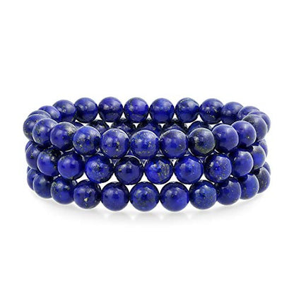 Bling Jewelry Unisex Stackable Set Of 3 Gemstone Round Bead 8MM Stretch Bracelet For Women Teen Men Multi Strand Stacking Adjustable - color: Blue Lapis
