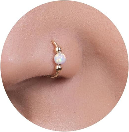 Jolliz Gold Fake Nose Ring with White Opal- Thin Tiny 20 Gauge 8mm Faux Nose Hoop - 14k Gold Filled Clip On Piercing Jewelry For Women - Handmade Fake Nose Rings - No Piercing Needed