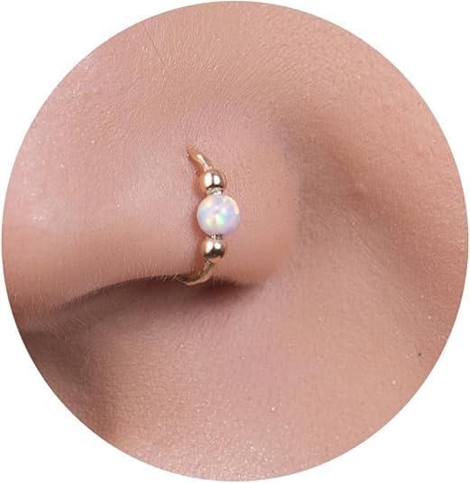 Jolliz Gold Fake Nose Ring with White Opal- Thin Tiny 20 Gauge 8mm Faux Nose Hoop - 14k Gold Filled Clip On Piercing Jewelry For Women - Handmade Fake Nose Rings - No Piercing Needed