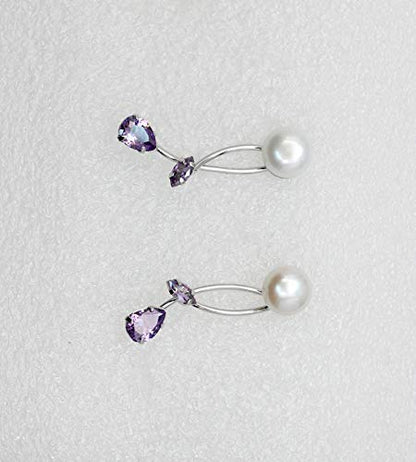 Faship Genuine 10mm Freshwater Pearls Floral Necklace Earrings Set | Premium CZ Crystal, Gorgeous, Sparkling - color: Purple