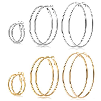 Senteria Large Gold Plated Hoop Earrings for Women Lightweight 316L Stainless Steel Hoop Earrings Set Hypoallergenic Thin Gold Plated Hoop Earrings for Women (30/40/50/60/70MM) 5 Pairs - color: 6pairs(30/40/50mm)-gold+silver