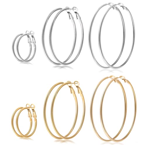 Senteria Large Gold Plated Hoop Earrings for Women Lightweight 316L Stainless Steel Hoop Earrings Set Hypoallergenic Thin Gold Plated Hoop Earrings for Women (30/40/50/60/70MM) 5 Pairs - color: 6pairs(30/40/50mm)-gold+silver