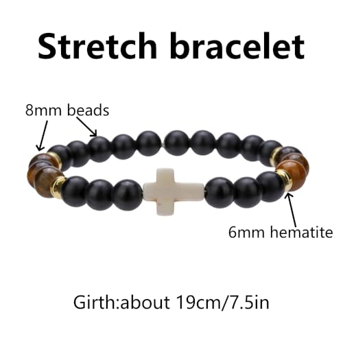 Beaded Bracelets Cross Bracelet for Women Men Lava Rock Turquoise Tiger Eye Natural Bracelet Anxiety Healing - color: 9 Pcs- white cross
