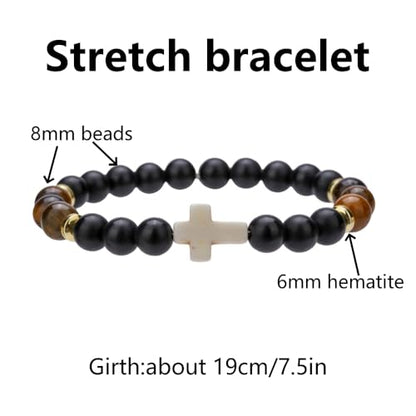 Beaded Bracelets Cross Bracelet for Women Men Lava Rock Turquoise Tiger Eye Natural Bracelet Anxiety Healing - color: 9 Pcs- white cross
