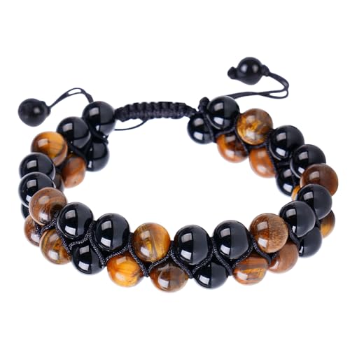 Triple Protection Bracelet,Bracelets for Men Women, Natural Tiger Eye Jewelry Stone Hematite and Blue Stone Hematite 8mm Crystal Bracelet - Adjustable Size with Premium Gift-Box - color: Brown-Black