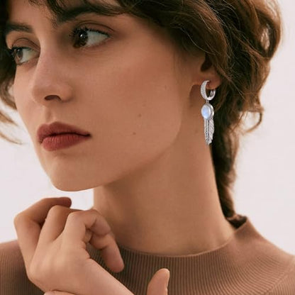 AVECON Feather Earrings for Women with 10mm Round Moss Agate/Moonstone/Mother of Pearl 925 Sterling Silver Dangle Earrings Lever Back Drop Earrings Jewelry Gifts for Her