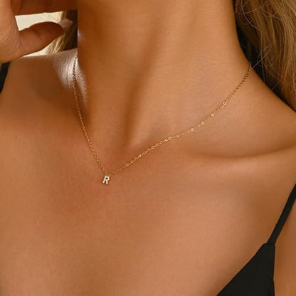 Small Letter Necklace for Women 18K Gold Plated Cubic Zirconia Tiny Initial Necklace Dainty Personalized Name Necklaces - color: R-Gold