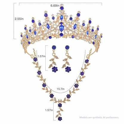 Kamirola Tiaras and Crowns for Women,Tiaras Earrings Necklace, Crystal Bridal Jewelry Set (TR48) - color: Gold Blue