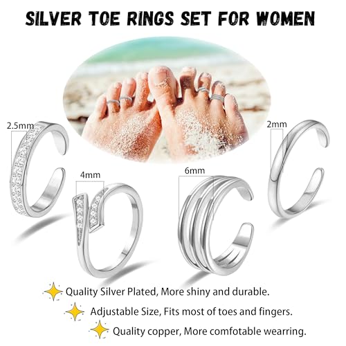 LOFITOR 4PCS Gold Toe Rings for Women Non Tarnish Waterproof Toe Ring Set | 14K Gold Filled Dainty Stackable Cute Thin Adjustable Open Band Toe Ring Cz Foot Jewelry For Beach Summer Hawaiian - style: Elegant Silver