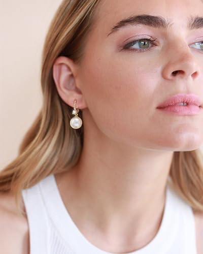 Long Pearl Earrings for Women 925 Sterling Silver Dangle Earrings | Hypoallergenic Dainty Dangle Drop Earrings, Elegant Pearl Jewelry for Bridal, Mother's Day Anniversary Birthday Jewelry Gift - color: Gold CZ