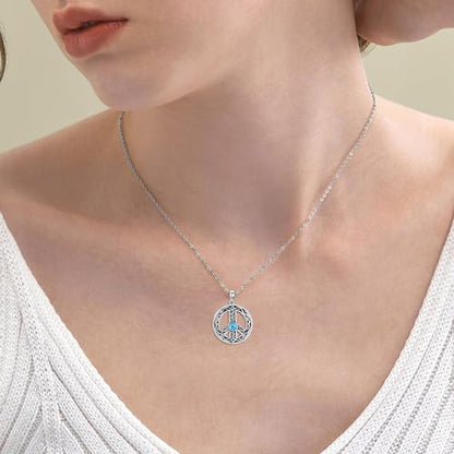 VONALA Sterling Silver Necklace Moss Agate/Turquoise/Larimar/Aquamarine/Opal/Black Onyx/Rose Quartz/Moonstone Pendant Teardrop Necklace Jewelry Gift for Women - style: Peace Sign