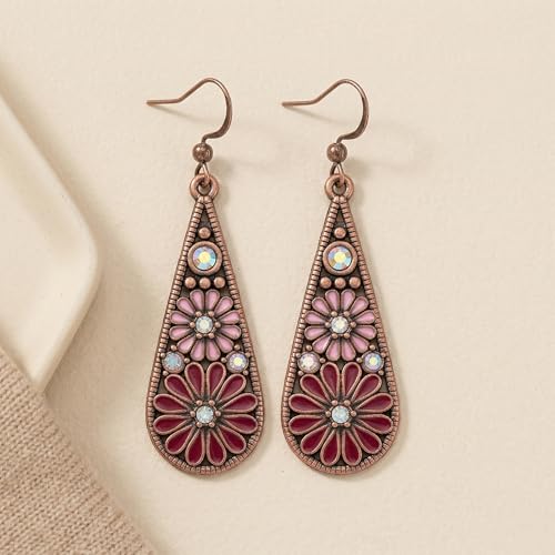 Bohemian Crystal Teardrop Dangle Earrings, Copper, Tribal Geometric Design, Handmade National Style for Women - color: Purple & Red