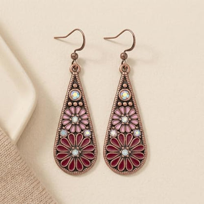 Bohemian Crystal Teardrop Dangle Earrings, Copper, Tribal Geometric Design, Handmade National Style for Women - color: Purple & Red