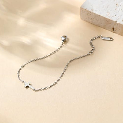 18K Gold Plated Pearl Beaded Cross Bracelets for Women Adjustable Stainless Steel Dainty Thin Gold Box Cuban Twisted Link Chain Bracelet Bridesmaid Jewelry Gifts - color: Tiny Cross-White Gold
