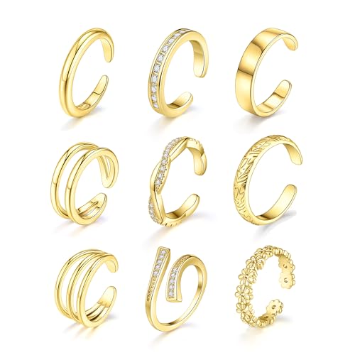 SONNYX 9Pcs 18K Gold Plated Gold Toe Rings for Women | Adjustable Silver Toe Rings Foot Jewelry for Summer Beach - color: Gold1