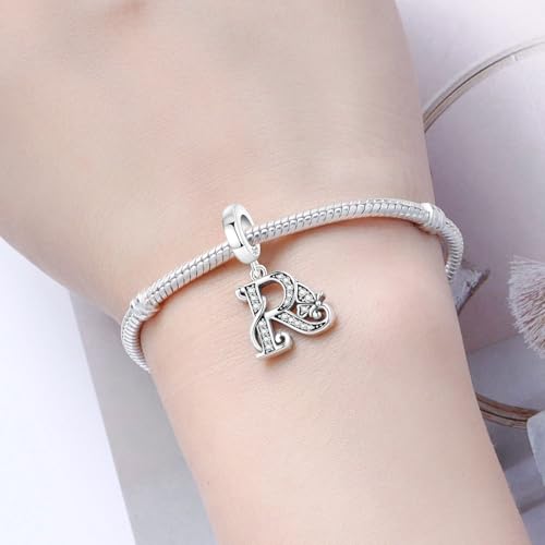 2 Pack 925 Sterling Silver Butterfly Letter Charms for Bracelets and Necklace Alphabet Initial Dangle Pendants Round Spacer Beads Pave Cubic Zirconia Jewelry Gift for Women - color: R Set