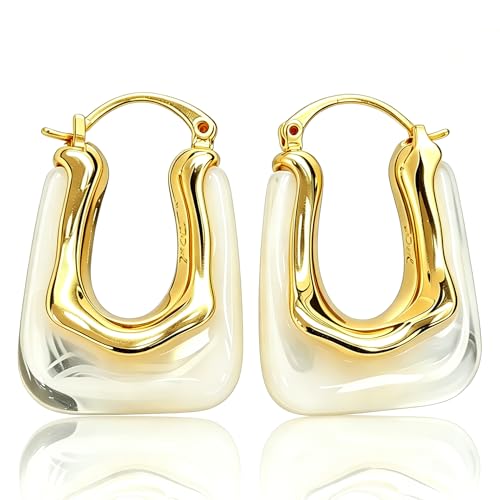 Milan Chiva Acrylic Gold Hoop Statement Dainty Summer Earrings | Brown Resin Chunky Huggie Vintage Earrings | Clear Enamel Drop Earring Lightweight Hypoallergenic Trendy Jewelry Gifts for Women - color: Pink