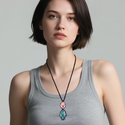 Anjiucc Handmade Crystal Cage Holder with Raw Gemstone Pendant Necklace Natural Stone Healing Crystal Necklace Adjustable Length - color: Labradorite+Rose Quartz