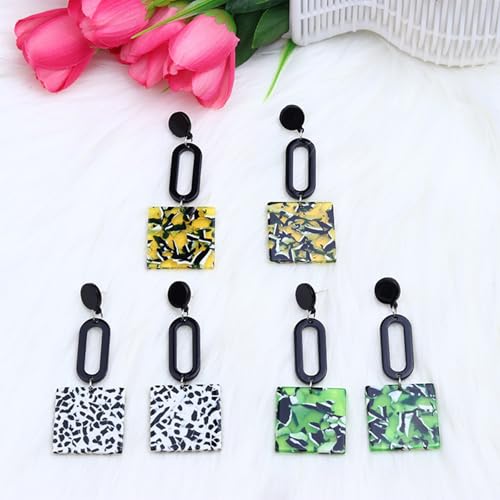 Retro Trendy Acrylic Multicolor Mottled Geometric Drop Earrings | Statement Dangle Jewelry for Women - color: green