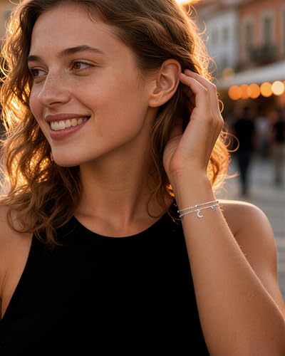 Moon and Star Bracelet for Women Layered Adjustable Satellite Chain Sliver&Gold Star Bracelets Summer Beach Jewelry