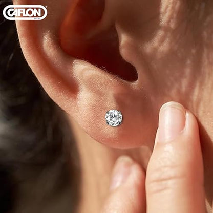 Caflon 24K Gold Plated | Stainless Steel Cubic Zirconia Stud Earrings 4mm | Nickel Safe Hypoallergenic Ear Jewelry | Sparkling Round Silver Tone Crystal Design with Secure Push-Back Closure | Everyday Fashion Jewelry - style: Stainless Steel