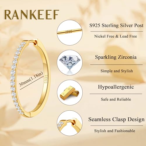 RANKEEF Gold/Silver Hoops Earrings For Women Hypoallergenic | S925 Silver Hoop Earings Lightweight Gold Hoops Gold Rhinestone Earring With Cubic Zirconia 20/30/40mm - color: Gold-30mm
