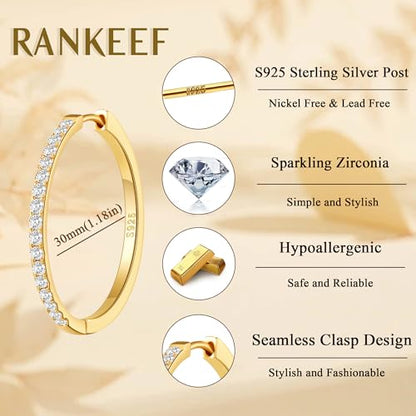 RANKEEF Gold/Silver Hoops Earrings For Women Hypoallergenic | S925 Silver Hoop Earings Lightweight Gold Hoops Gold Rhinestone Earring With Cubic Zirconia 20/30/40mm - color: Gold-30mm