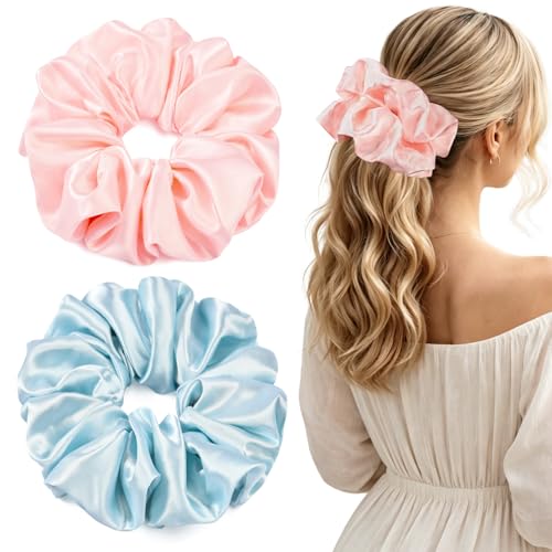 2 PCS Blue Pink Jumbo Satin Silky Scrunchies 6.5 Inches Oversized Scrunchie Extra Large Big Hair Ties Ponytail Holder for Thick Curly Hair Women (Light Blue, Pink) - color: Light Blue, Pink