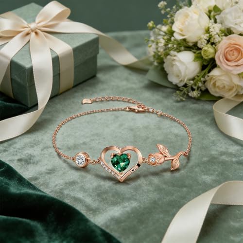 1CT Rose Heart Birthstone Bracelet for Women Love Gift - style: 05-May Emerald Rose Gold