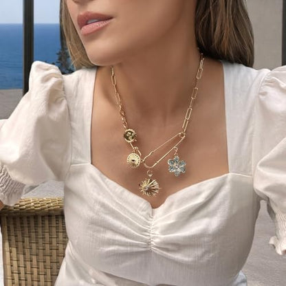 ORIGENCE Sun Heart Necklace for Women 18K Gold Plated Heart Pendant Necklace Chunky Chain Choker Necklaces Hip Hop Charm Necklaces Trendy Unisex Jewelry - style: 4Charm-Gold