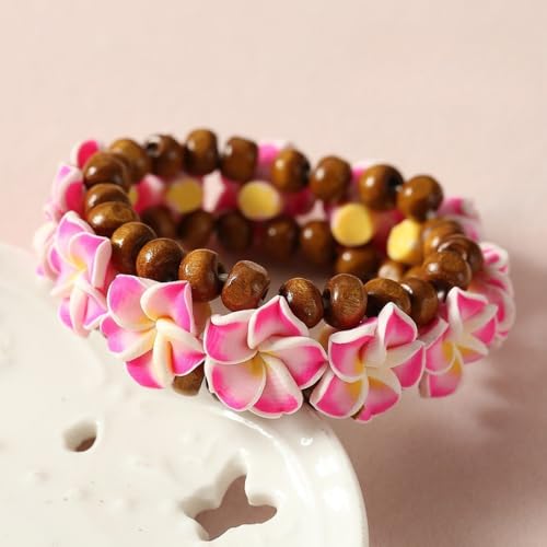Pingyongchang Boho Hawaiian Plumeria Rubra Bracelets for Women Handmade Colorful Tropical Flower Wooden Beads Stretch Bracelet Summer Beach Holiday Jewelry Gifts - color: Pink