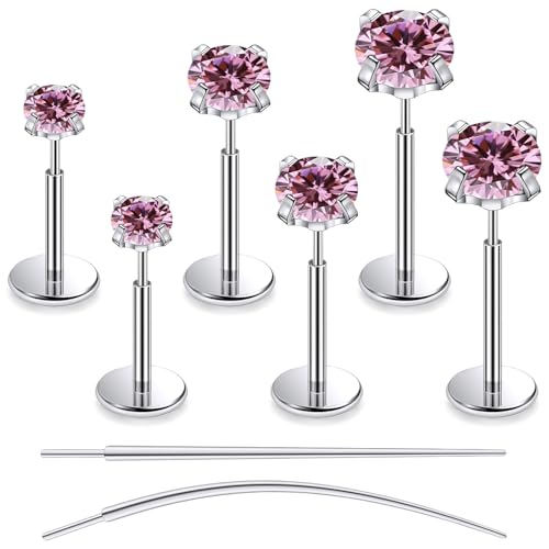 F136 Titanium 20/18/16G Earrings Nose Lip Rings Medusa Tragus Cartilage Helix Labret Flat Back Threadless Implant Grade Stud Piercing Jewelry for Women - color: Pink CZ, size: 20g*6/7/8mm*2/3/4mm