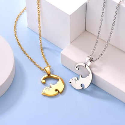 U7 Cat Pendant Necklace for Women Stainless Steel Cute Kitty Cat Jewelry Gift - style: 02-Round Cat Set-Gold+Black(Customized)