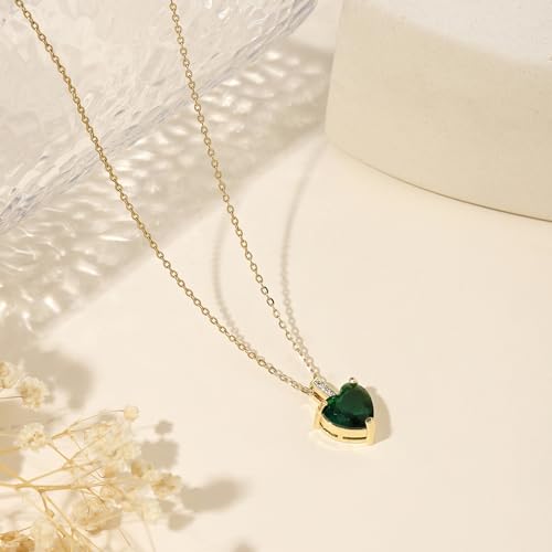 Heart Birthstone Necklace for Women, 14K Gold Plated Birthstone Pendant Necklace Cubic Zirconia Diamond Necklace Dainty Gold Necklace Birthday Gifts for Women Girls - color: 05. May(Emerald)