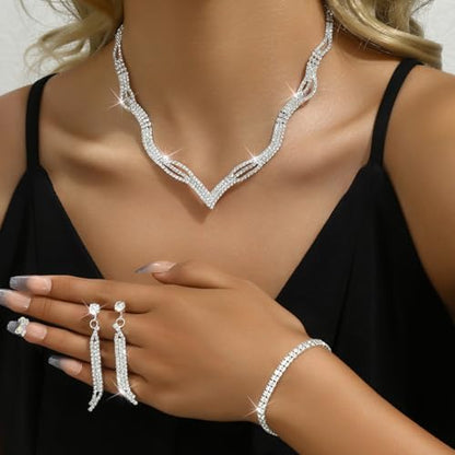 Prom Earrings Necklace Bracelet Set Elegant Crystal Rhinestone Necklace Earrings Bracelet Bridal Wedding Prom Dresses Costume Outfit Gold Jewelry Sets for Women - color: D