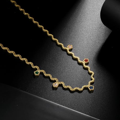 Hipunk Women Gold Plated Stainless Steel Wave Rope Chain Collar Necklace with Colorful Zirconia Flower Heart Charms Choker, Adjustable 16+2 Inch - color: flower