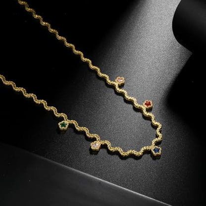 Hipunk Women Gold Plated Stainless Steel Wave Rope Chain Collar Necklace with Colorful Zirconia Flower Heart Charms Choker, Adjustable 16+2 Inch - color: flower