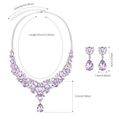 Hicarer Bridal Teardrop Cluster Crystal Jewelry Set for Women Necklace Earrings Wedding - color: Light Purple