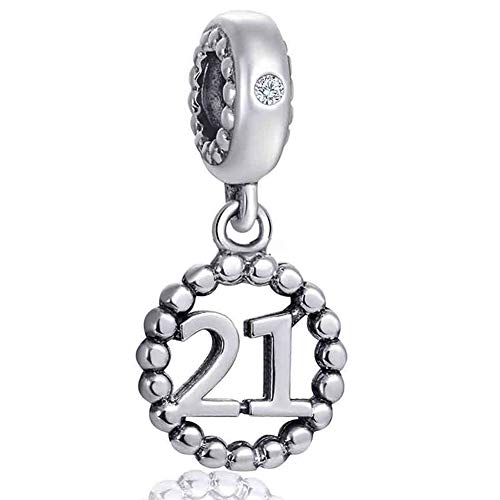 5,10,15,16,17,18,20,21,25,30,35,40,42,49,50,55,60,65,70 Number Charms for European Bracelet, 925 Sterling Silver Birthday Pendant Beads with CZ, Gifts for Mothers Day/Anniversary - color: Number 21 Charm