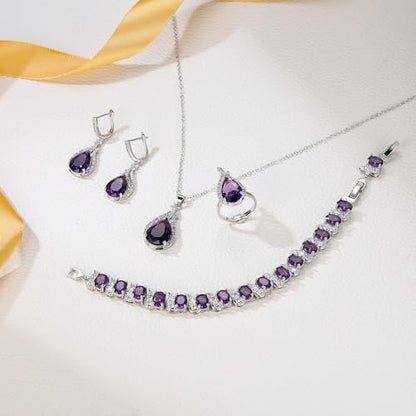Jewelry Set for Bride, Sparkling Water Drop Cubic Zirconia Crystal Pendant Necklace Leverback Earrings Tennis Bracelet Adjustable Ring Gift for Wedding/Birthday/Mother's Day/Christmas - color: 18-Purple