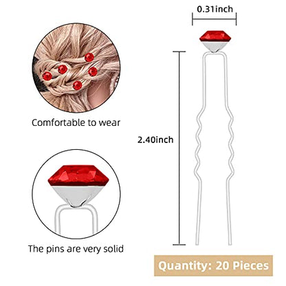 QIUTIMIY 20 Pack (Red) Rhinestone Hair Pins Crystal Hair Clips for Bridal Wedding Women Hair Jewelry Accessories, with Clear Container - color: Rhinestone-Red