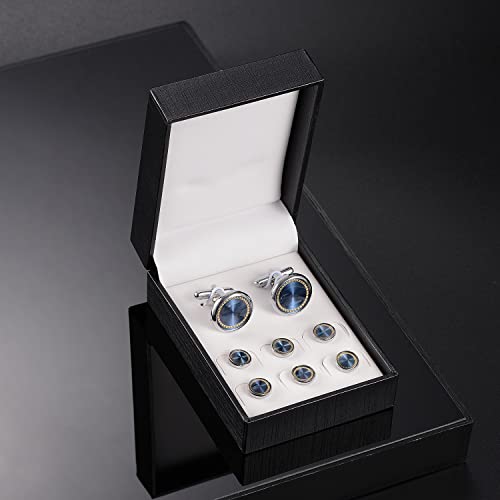 wynameleri Mens Cufflinks and Studs Set Blanks Round 4 Colors Shirt Tuxedo Buttons Packed in Cufflink Box for Business Wedding Jewelry - color: Blue